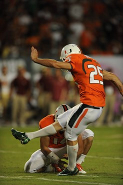 University of Miami Hurricanes kicker/punter Matt Bosher #25 kicks in a game against the Florida State Seminoles at Sun Life Stadium on October 9,...