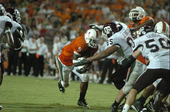 University of Miami running back Javarris James #5 rushes in a game against the Texas A&M Aggies at the Orange Bowl on September 20, 2007. The...