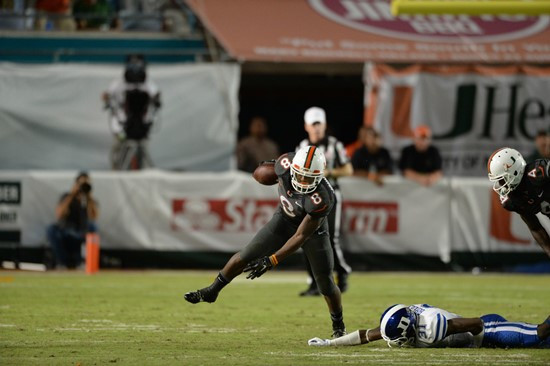 Duke Johnson #8 and the University of Miami Hurricanes play host to the Duke Blue Devils at Sun Life Stadium on September 27, 2014. Photo by Matthew...