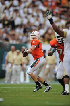 University of Miami Hurricanes quarterback Robert Marve #9 looks downfield for an open receiver in a game against the University of Central Florida...