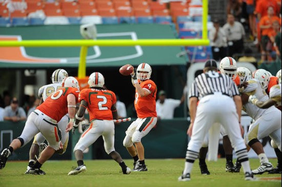 University of Miami Hurricanes quarterback Robert Marve #9 plays in a game against the University of Central Florida Knights at Dolphin Stadium on...