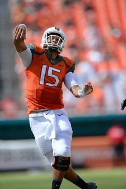 University of Miami Hurricanes quarterback Brad Kaaya #15 plays in a game against the Cincinnati Bearcats at Sun Life Stadium on October 11, 2014. ...