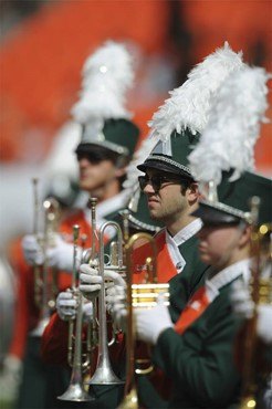 University of Miami Band of the Hour participants entertain fans in a game against the Deamon Deacons of Wake Forest at Dolphin Stadium on October 25,...