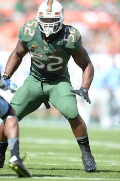 University of Miami Hurricanes linebacker Denzel Perryman #52 plays in a game against the North Carolina Tar Heels at Sun Life Stadium on November 1,...