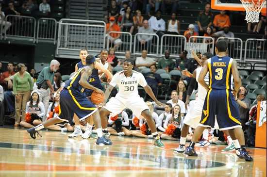 University of Miami Hurricanes forward, Adrian Thomas #30, plays host to 2010 NCAA Final Four participant West Virginia at the BankUnited Center on...
