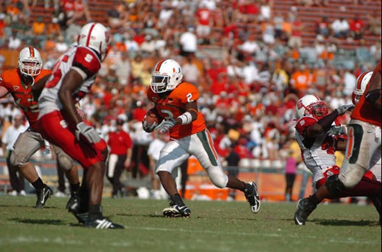 University of Miami running back Graig Cooper #2 rushes in a game against the North Carolina State Wolfpack at the Orange Bowl on November 3, 2007. ...