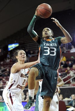 Miami's Suriya McGuire (33) drives past Boston College's Kristen Doherty (21). (AP Photo/Gretchen Ertl)