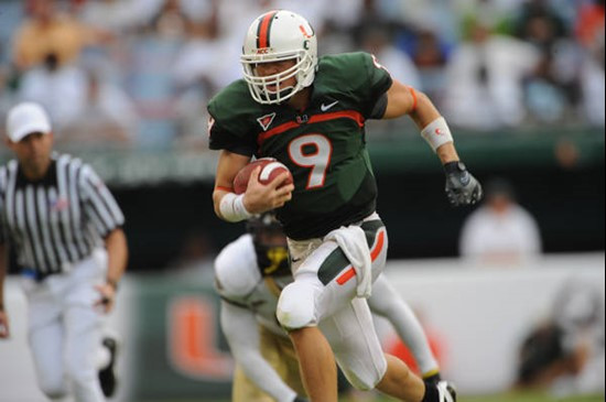 University of Miami Hurricanes quarterback Robert Marve #9 rushed for 43 yards to set up a first and goal from the three yard line leading to a Canes...