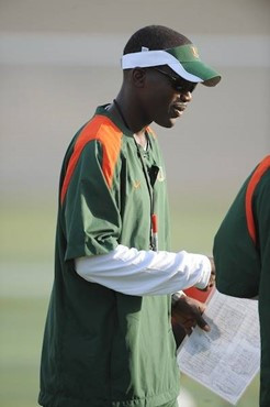 University of Miami Hurricanes players LaRon Byrd #47 at Greentree practice fields training for the upcoming 2010 season. The practice was open for...