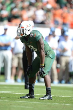 Duke Johnson #8 and the University of Miami Hurricanes play host to the North Carolina Tar Heels at Sun Life Stadium on November 1, 2014. Photos by...