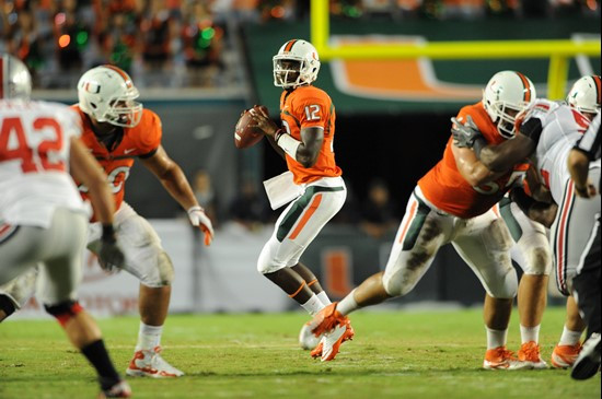 University of Miami Hurricanes quarterback Jacory Harris #12 plays in a game against the Ohio State Buckeyes at Sun Life Stadium on September 17,...