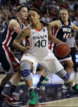 Miami's Shawnice Wilson (40) drives between Gonzaga's Kayla Standish, left, and Kelly Bowen in the second half of an NCAA tournament second-round...