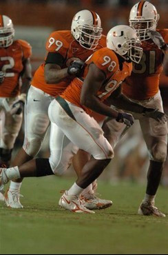 University of Miami defensive end Baraka Atkins #98 celebrates after a sack against the Virginia Tech Hoakies at the Orange Bowl on November 4, 2006....