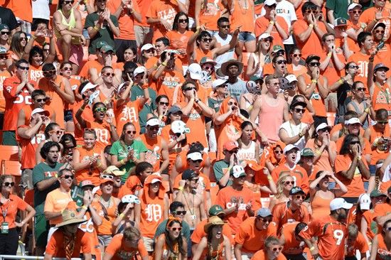 University of Miami Hurricane fans show their team spirit in a game against the Wake Forest Demon Deacons at Sun Life Stadium on October 26, 2013. ...