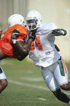 University of Miami Hurricanes linebacker C.J. Holton #34 brings pressure to the offense at Greentree Practice Field on August 13 in afternoon drills...