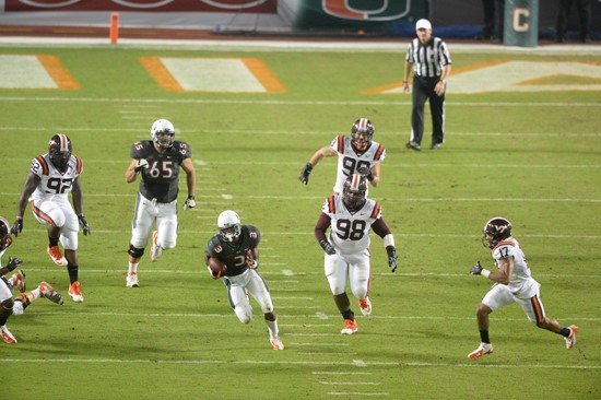 University of Miami Hurricanes wide receiver Stacy Coley #3 plays in a game against the Virginia Tech Hokies at Sun Life Stadium on November 9, 2013. ...