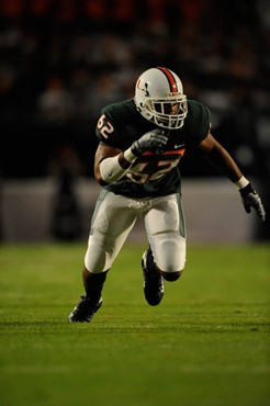 University of Miami Hurricanes defensive lineman Andrew Smith #62 plays in a game against the Virginia Tech Hokies at Dolphin Stadium on November 13,...