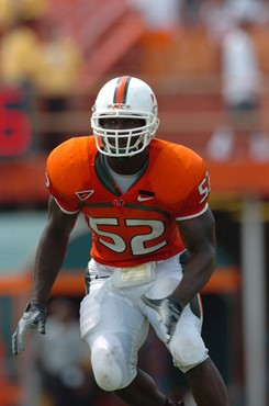 University of Miami linebacker Tavaris Gooden #52 had 6 solo tackles, 3 assist and 1 interception returned for 35 yards in a game against Marshall...