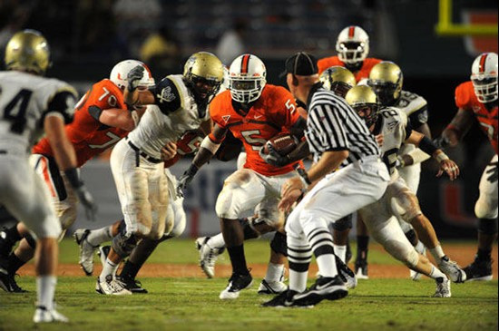 University of Miami Hurricanes running back Javarris James #5 rushed 12 times for 74 yards and scored a touchdown against Charleston Southern...