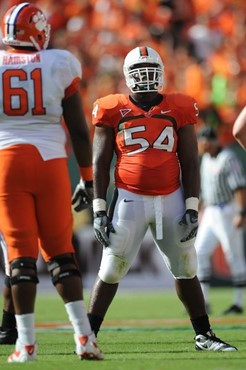 University of Miami Hurricanes defensive lineman Micanor Reqis #54 lines up in a game against the Clemson Tigers at Land Shark Stadium on October 24,...