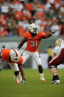 University of Miami Hurricanes linebacker Sean Spence #31 plays in a game against the Boston College Eagles at Sun Life Stadium on November 25, 2011. ...