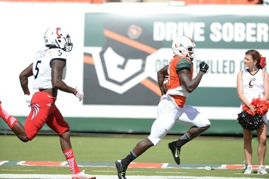 University of Miami Hurricanes wide receiver Phillip Dorsett #4 plays in a game against the Cincinnati Bearcats at Sun Life Stadium on October 11,...