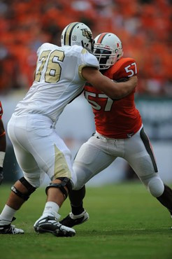 University of Miami Hurricanes defensive lineman Allen Bailey #57 plays in a game against the University of Central Florida Knights at Dolphin Stadium...