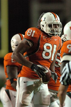 University of Miami Hurricanes defensive end Calais Campbell #81 had 3 solo tackles, 2 assists and 1 quarterback sack where he stripped Josh Padrick...