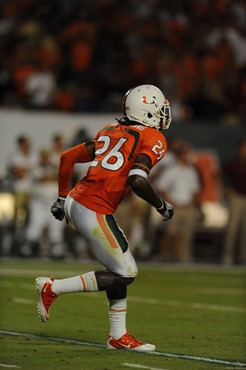 University of Miami Hurricanes defensive back Ray Ray Armstrong #26 plays in a game against the Florida State Seminoles at Sun Life Stadium on October...