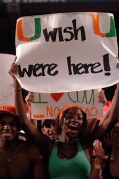 A University of Miami Hurricanes fan shows her team spirit in a game against the Virginia Tech Hokies at Dolphin Stadium on November 13, 2008.  Photo...
