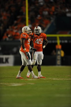 University of Miami Hurricanes defensive back Ramon Buchanan #45 plays in a game against the Florida State Seminoles at Sun Life Stadium on October 9,...
