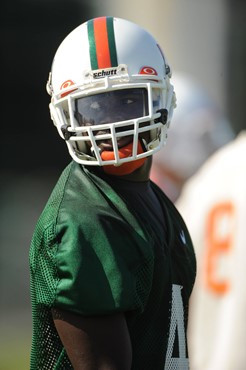 University of Miami Wide Receiver , Aldarius Johnson #4, in his first spring practice at Greentree Practice fields on March 5, 2011 on the University...