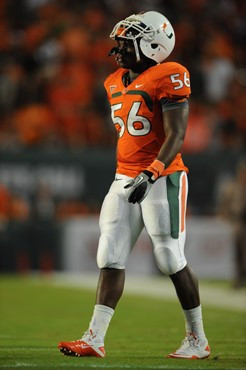 University of Miami Hurricanes linebacker Marcus Robinson #56 plays in a game against the Florida State Seminoles at Sun Life Stadium on October 9,...