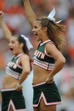 University of Miami Hurricane cheerleaders show in a game against the University of Central Florida Knights at Dolphin Stadium on October 11, 2008. ...