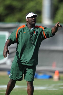 University of Miami Defensive Backs Coach, Paul Williams, instructs his team on how he wants them to execute his game plan during a spring practice at...