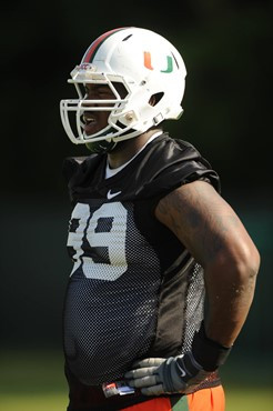 University of Miami defensive lineman, Marcus Forston #99, in his first spring practice at Greentree Practice fields on March 5, 2011 on the...