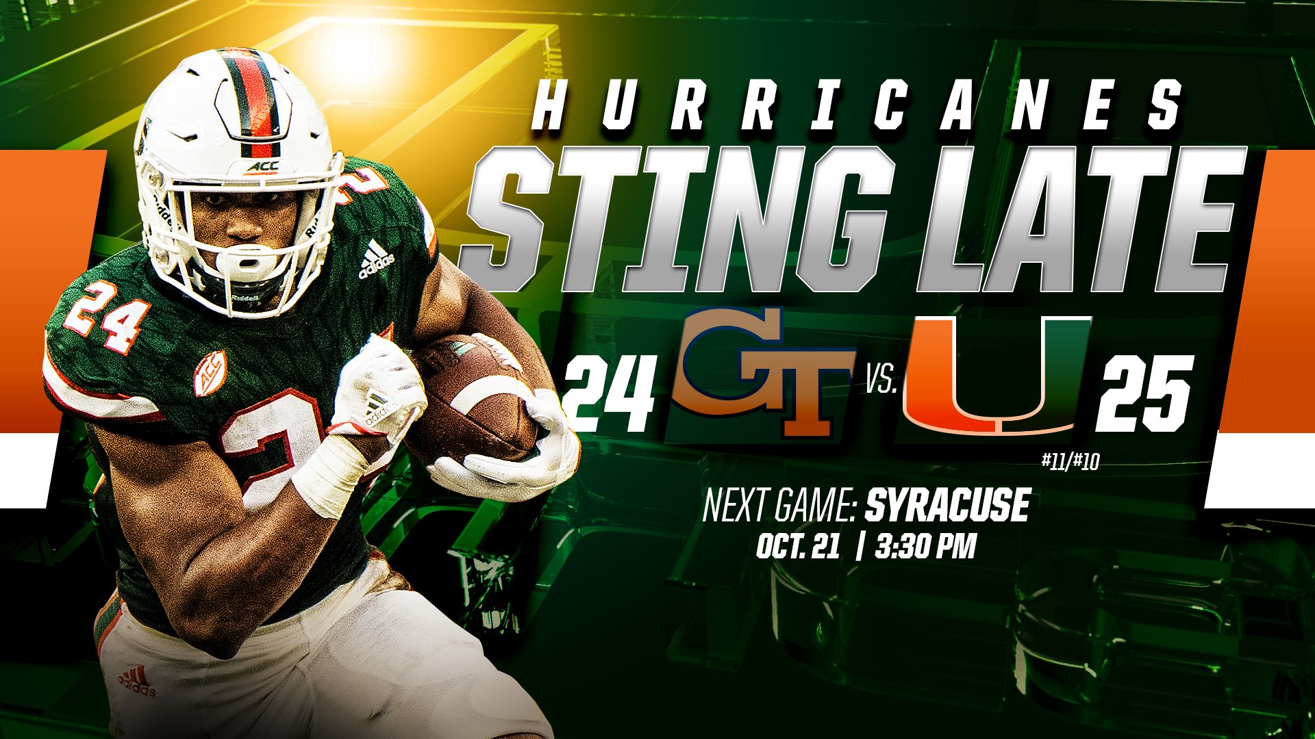 Late Heroics Push Canes Past Yellow Jackets, 25-24