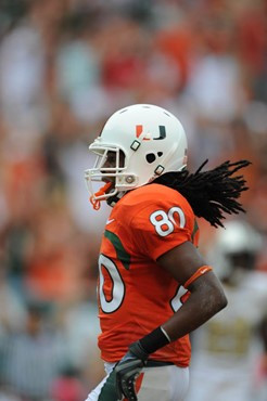 University of Miami Hurricanes wide receiver Khalil Jones #87 plays in a game against the University of Central Florida Knights at Dolphin Stadium on...