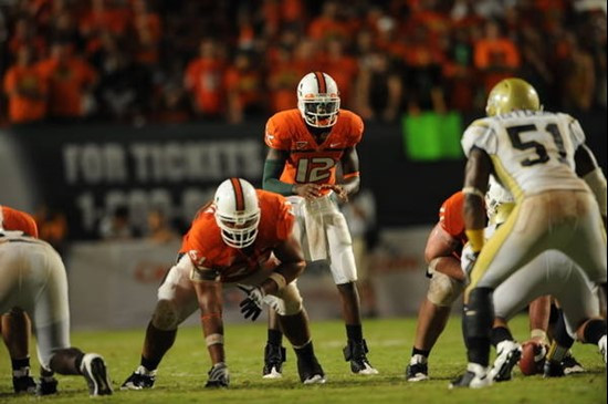 University of Miami quarterback Jacory Harris #12 plays in a game against the Georgia Tech Yellow Jackets at Land Shark Stadium on September 17, 2009....