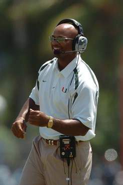 University of Miami wide receivers coach Marquis Mosely on the sidelines during a game against Marshall University at the Orange Bowl on September 1,...
