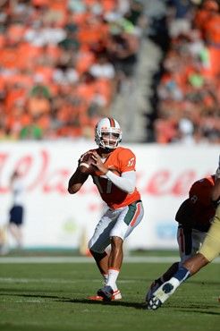 University of Miami Hurricanes quarterback Stephen Morris #17 plays in a game against the Georgia Tech Yellow Jackets at Sun Life Stadium on October...