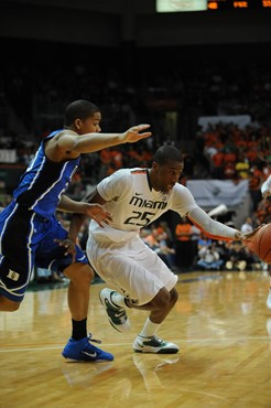 University of Miami Hurricanes guard, Garrius Adams #25, plays host to the Duke Blue Devils at the BankUnited Center on February 13, 2011. Photo by...