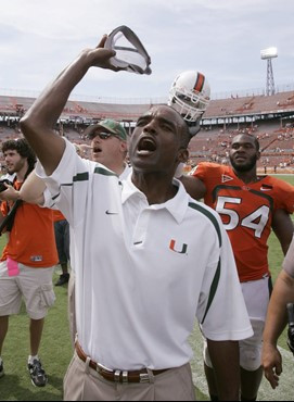 Miami head coach Randy Shannon implores the band to play the alma mater after Miami defeated Marshall 31-3 in a football game Saturday, Sept. 1, 2007,...