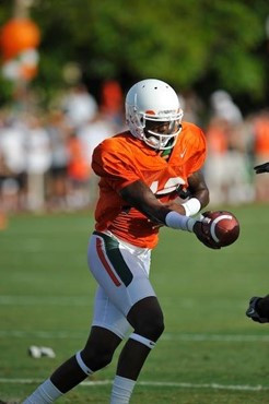 University of Miami Hurricanes players Jacory Harris #12 at Cobb Stadium training for the upcoming 2010 season. The practice was open for Season...