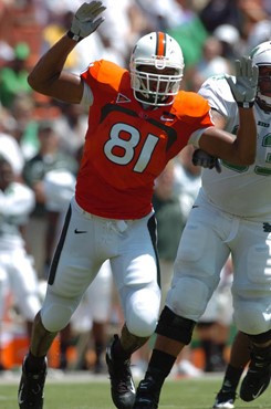 University of Miami Defensive end Calais Campbell #81 had 4 solo tackles, 1 assist and 1 interception against Marshall at the Orange Bowl on September...