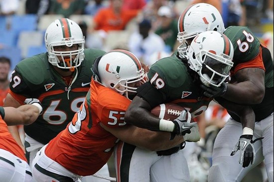 Sean Goldstein on the tackle at the 2011 Miami Hurricanes Spring Football Game @ Lockhart Stadium