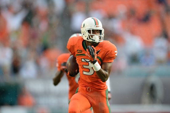 University of Miami Hurricanes wide receiver Stacy Coley #3 plays in a game against the Virginia Cavaliers at Sun Life Stadium on November 23, 2013. ...