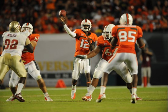 University of Miami Hurricanes wide receiver Leonard Hankerson #85 catches a pass from quarterback Jacory Harris #12 in a game against the Florida...