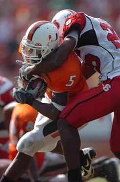 University of Miami running back Javarris James #5 rushes in a game against the North Carolina State Wolfpack at the Orange Bowl on November 3, 2007. ...