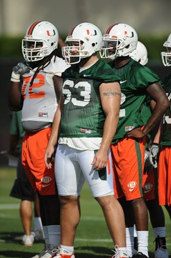 University of Miami Offensive Lineman, Tyler Horn #63, in his first spring practice at Greentree Practice fields on March 5, 2011 on the University of...
